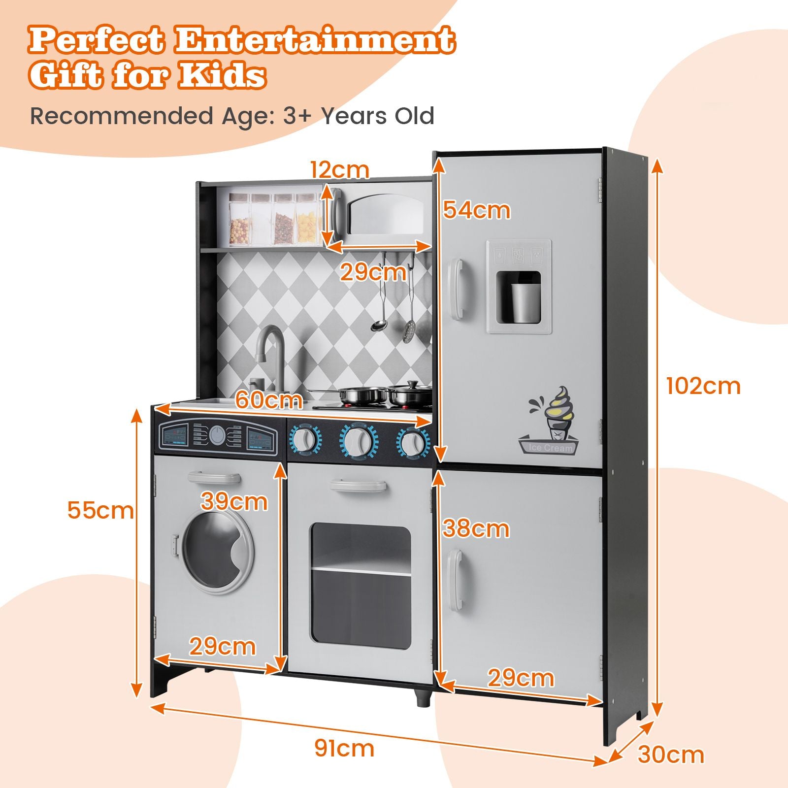 Pretend Play Kitchen with Ice Maker and Cooking Stove for Kids