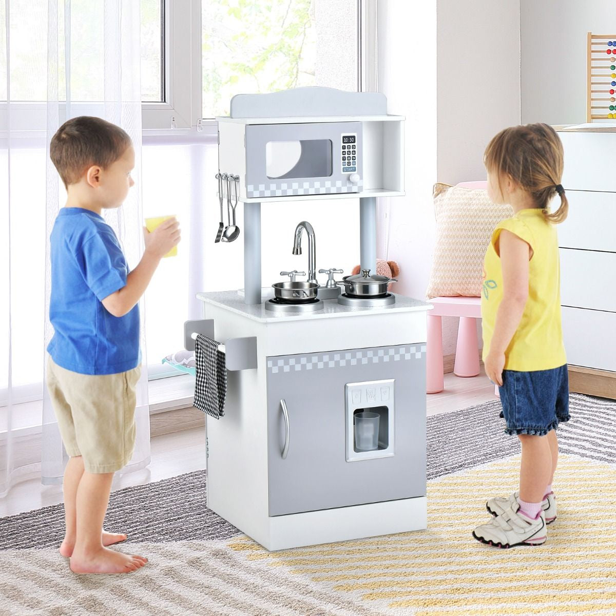 Double-Sided Kid'S Play Kitchen Set with Stove and Sink