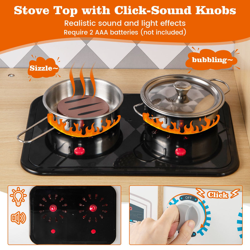 Pretend Play Kitchen with Ice Maker and Cooking Stove for Kids