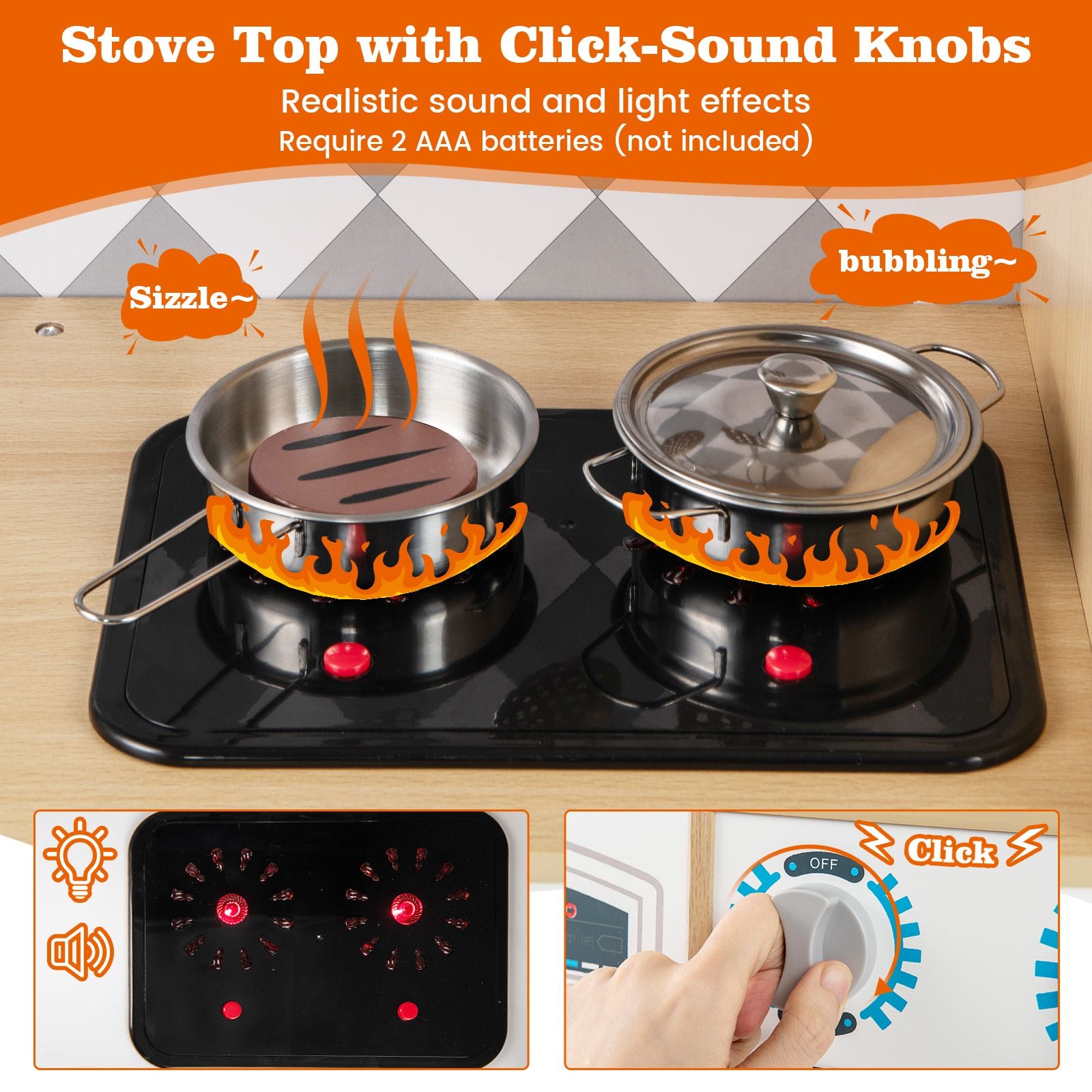 Pretend Play Kitchen with Ice Maker and Cooking Stove for Kids