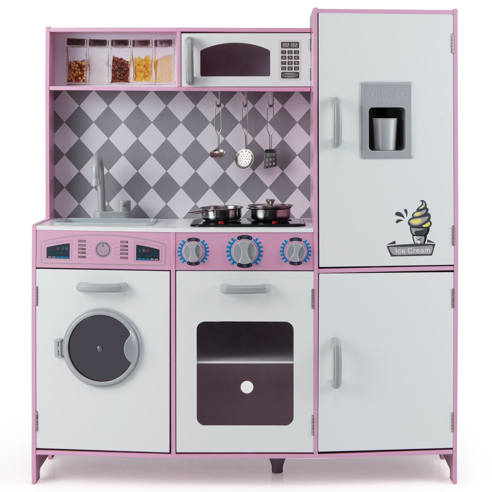 Pretend Play Kitchen with Ice Maker and Cooking Stove for Kids