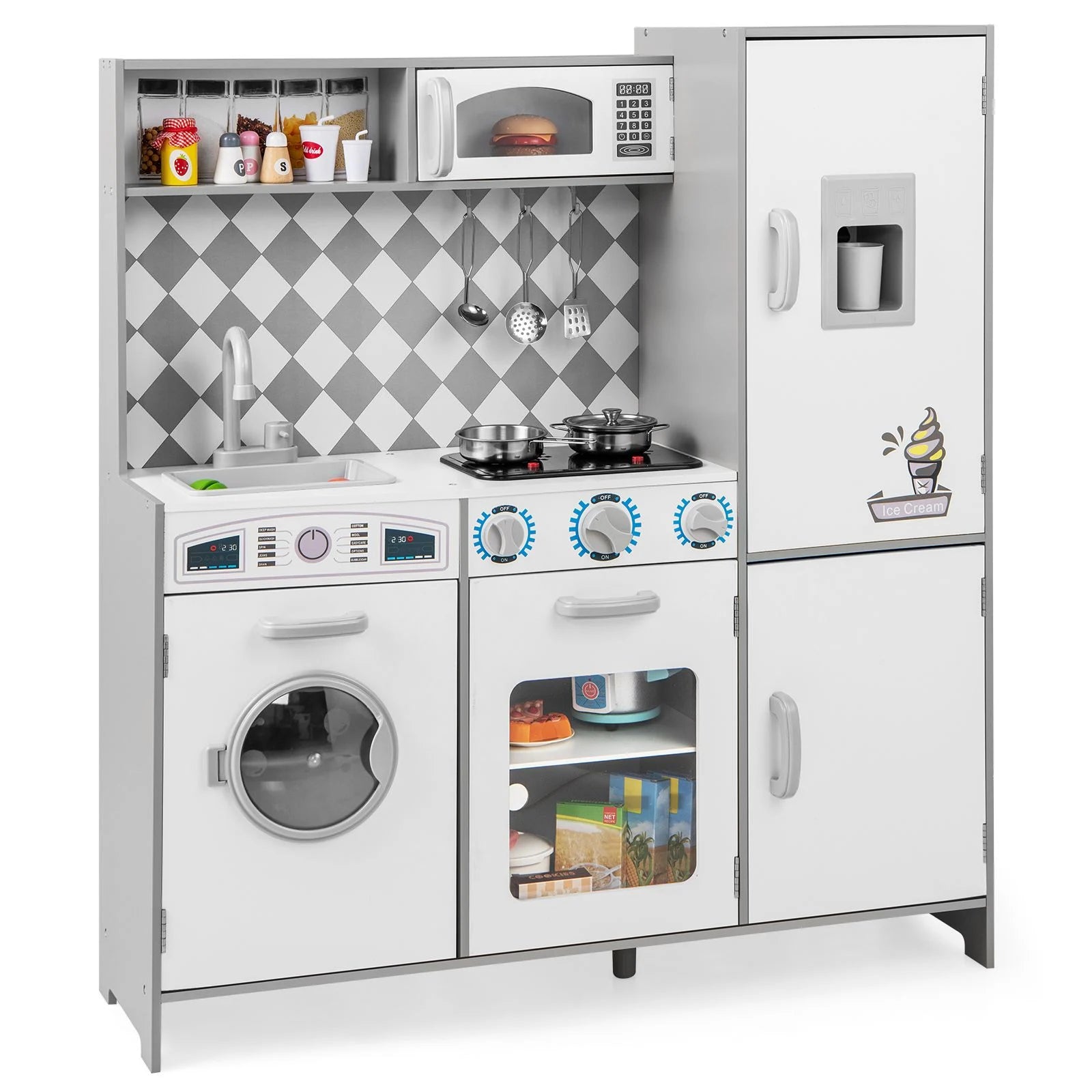 Pretend Play Kitchen with Ice Maker and Cooking Stove for Kids