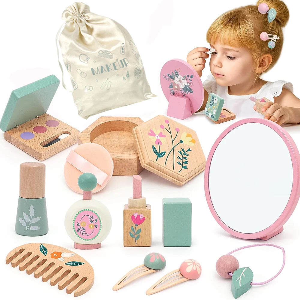 Wooden Pretend Play Makeup Toys Simulation Makeup Set Girls Makeup Dressing Table Cosmetics Toys Birthday Gifts for Children