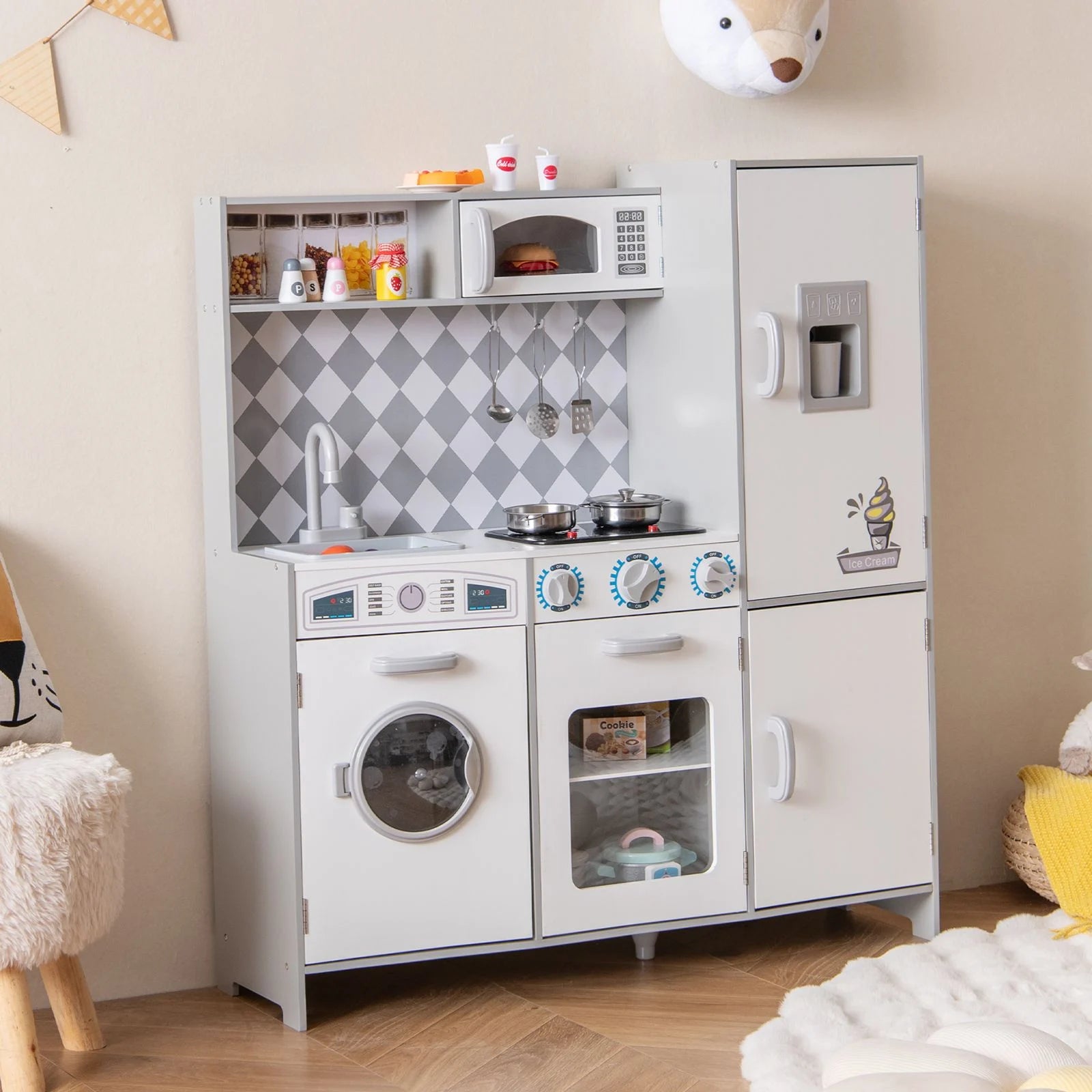 Pretend Play Kitchen with Ice Maker and Cooking Stove for Kids