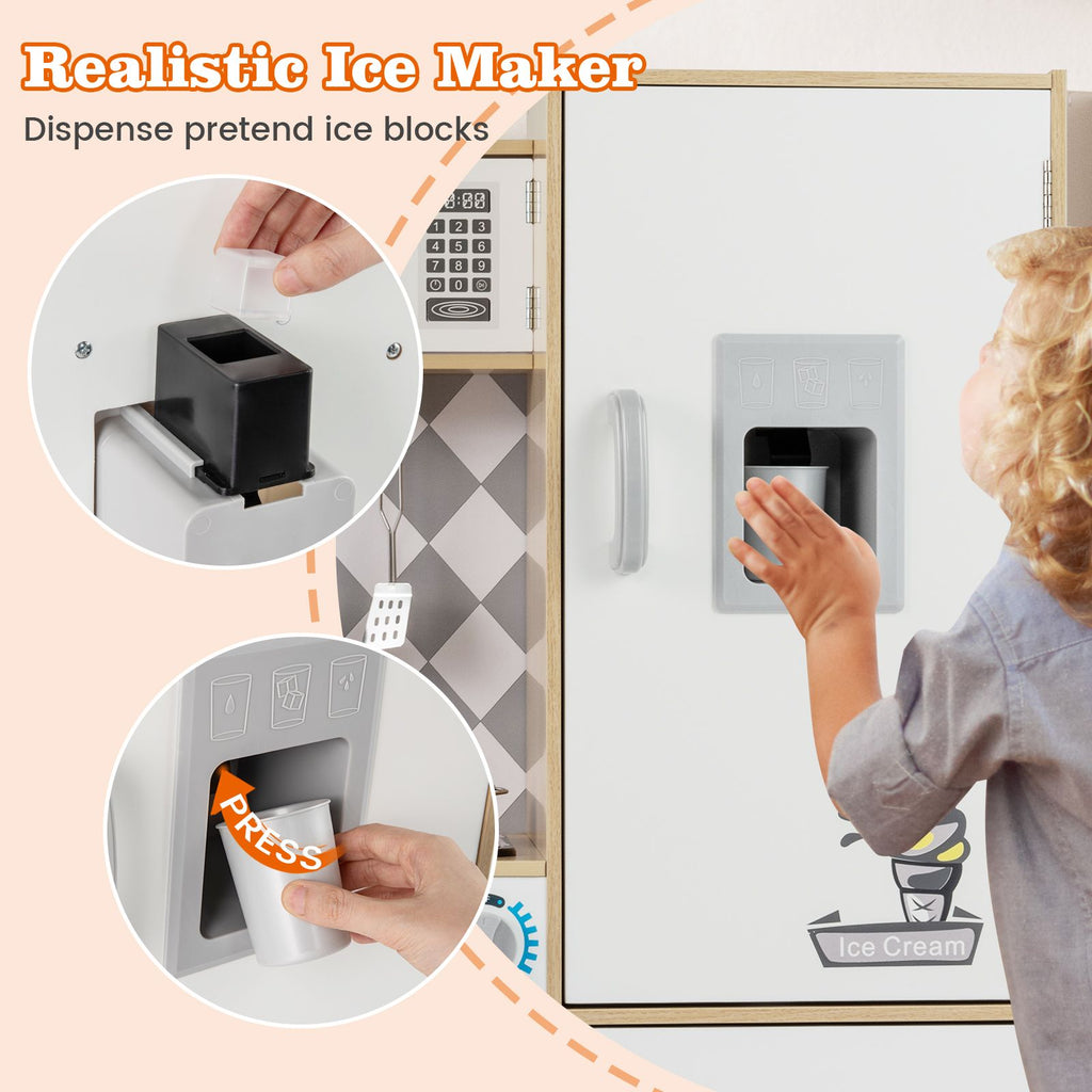 Pretend Play Kitchen with Ice Maker and Cooking Stove for Kids