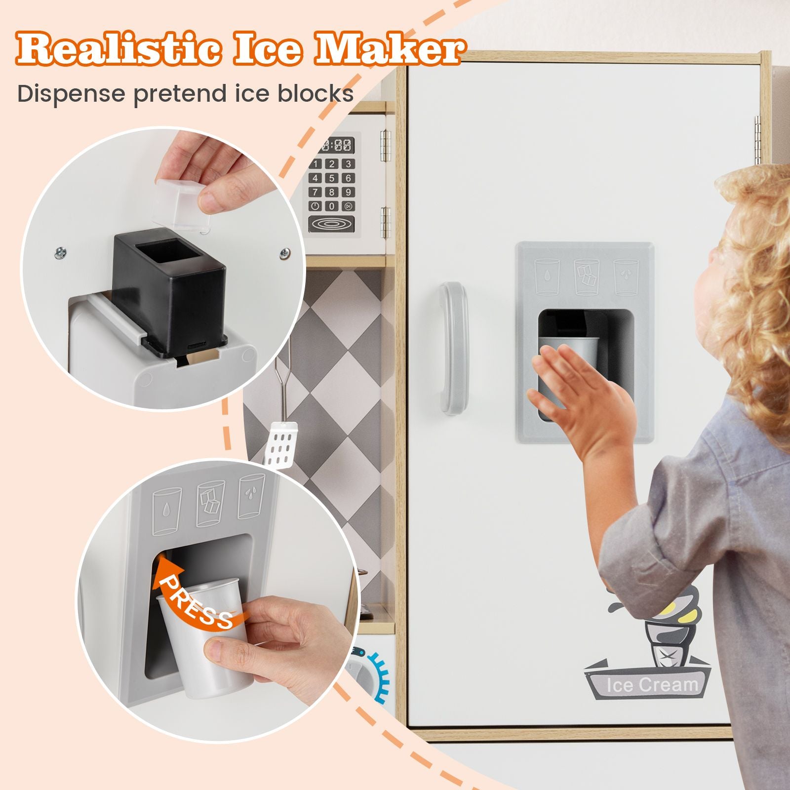 Pretend Play Kitchen with Ice Maker and Cooking Stove for Kids
