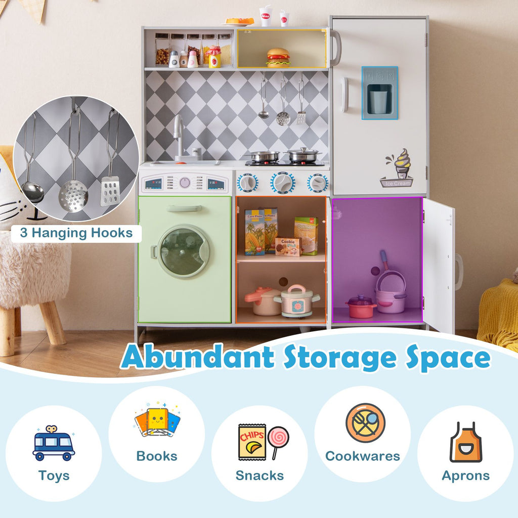 Pretend Play Kitchen with Ice Maker and Cooking Stove for Kids