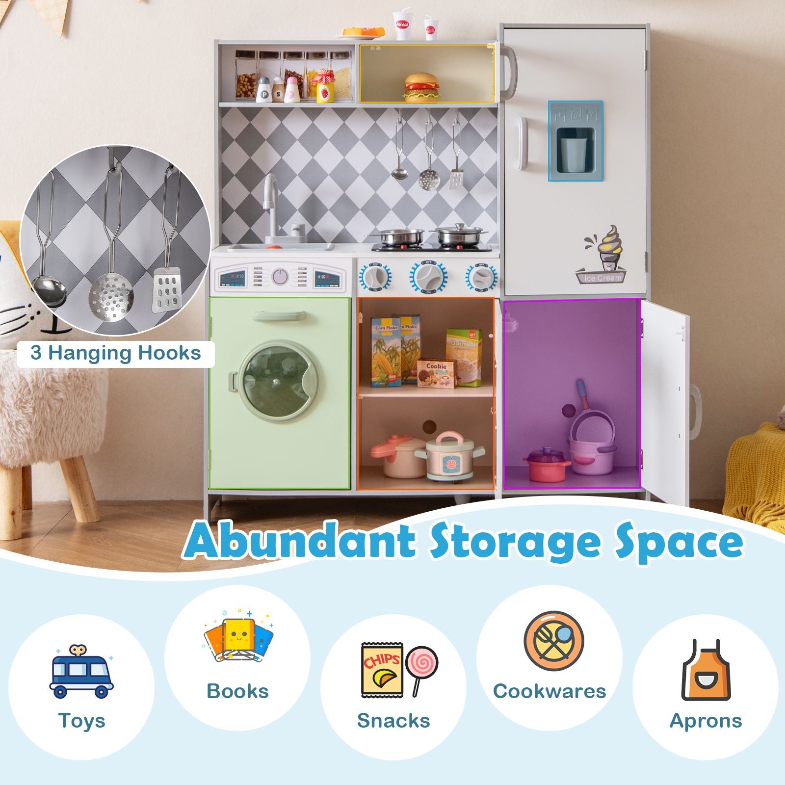 Pretend Play Kitchen with Ice Maker and Cooking Stove for Kids