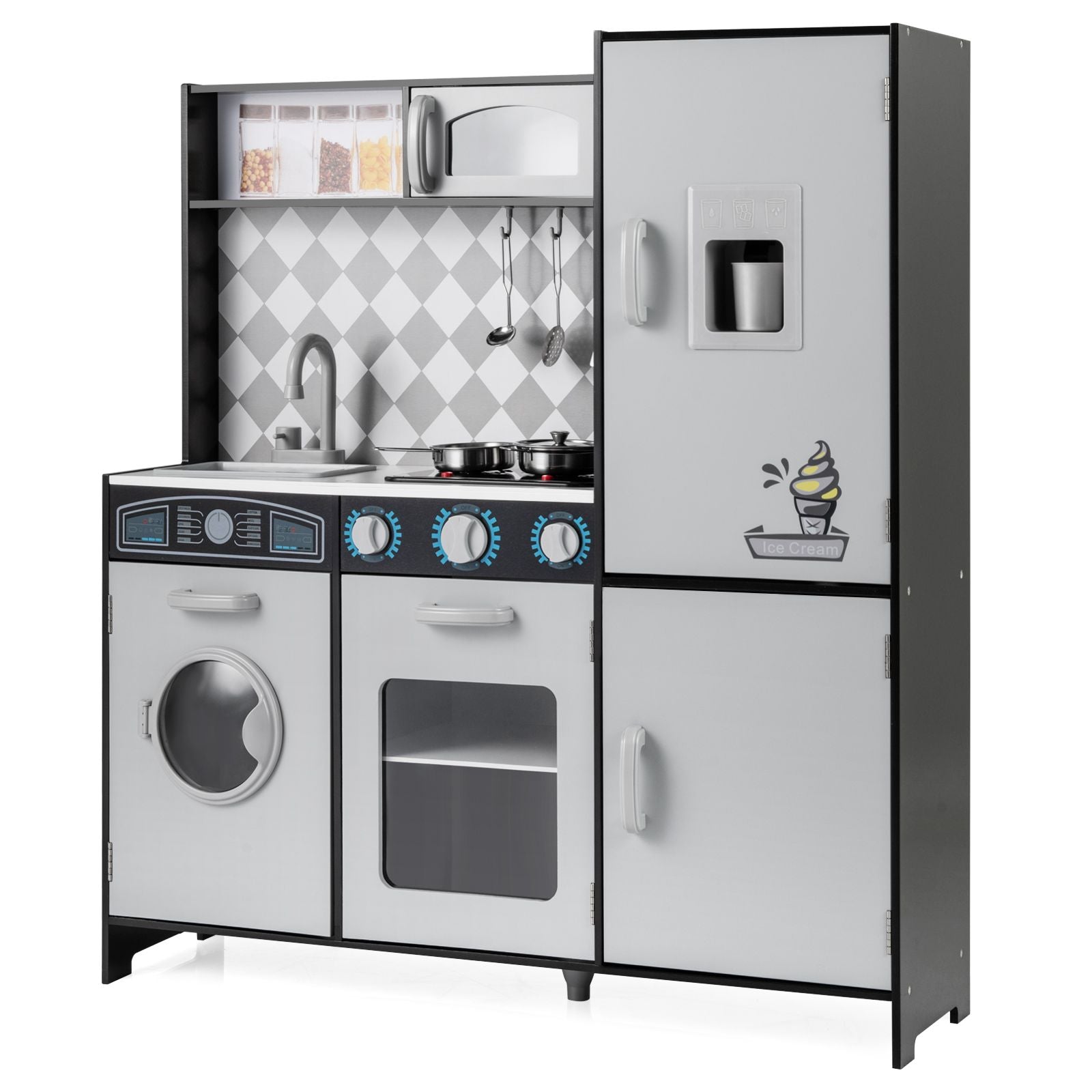 Pretend Play Kitchen with Ice Maker and Cooking Stove for Kids