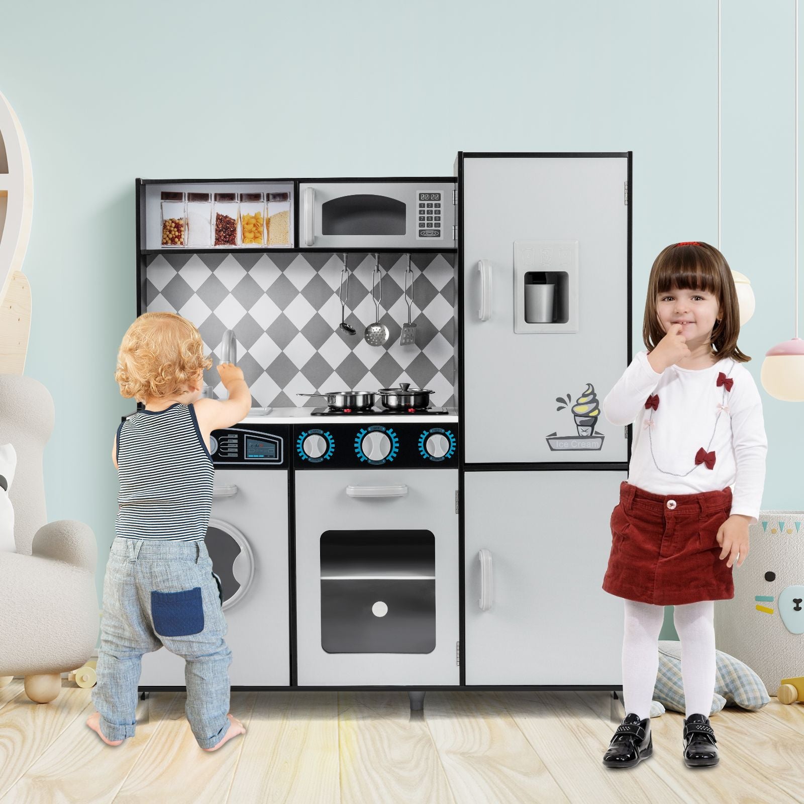 Pretend Play Kitchen with Ice Maker and Cooking Stove for Kids