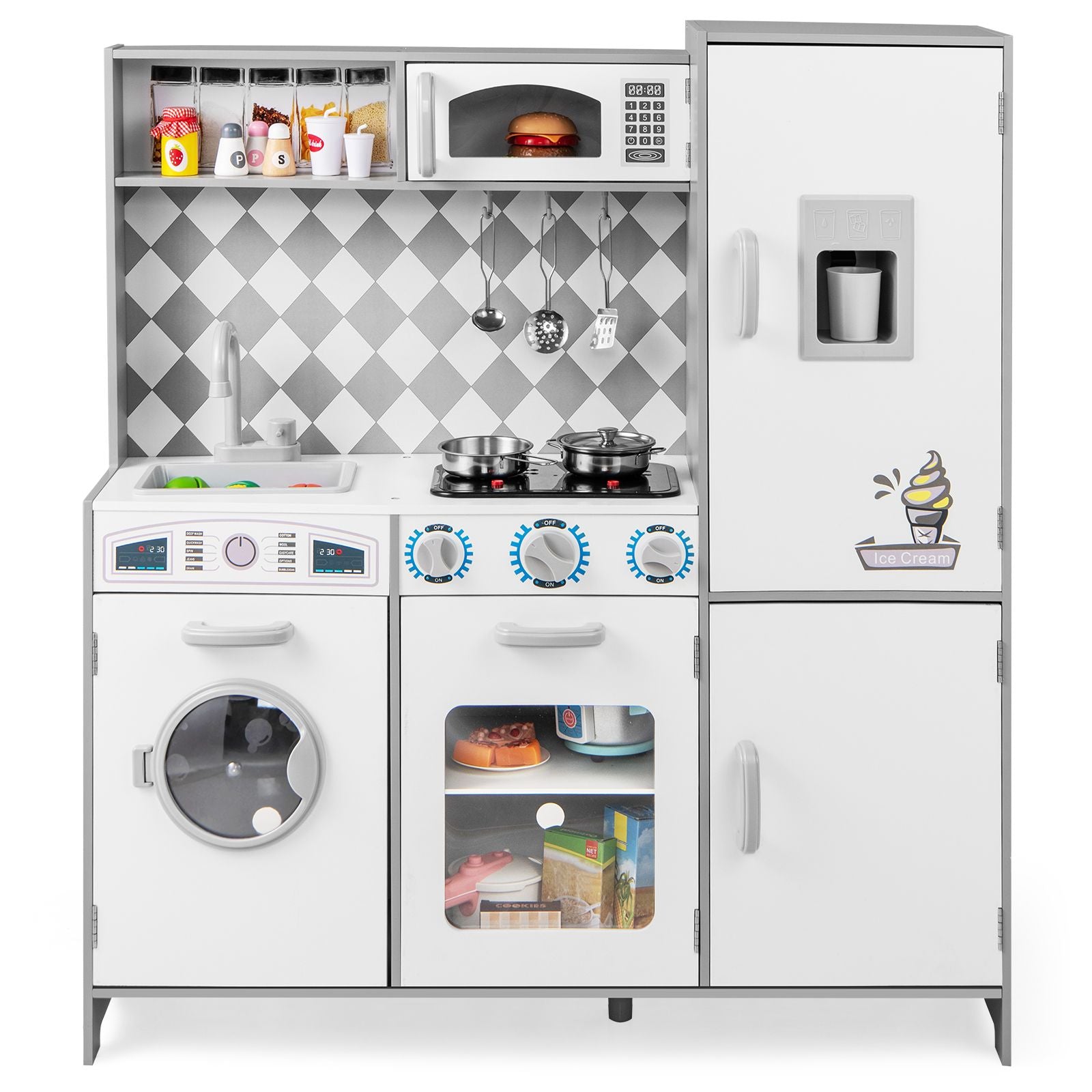 Pretend Play Kitchen with Ice Maker and Cooking Stove for Kids