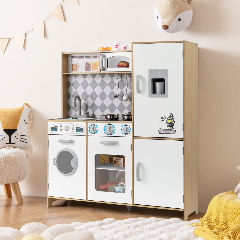 Pretend Play Kitchen with Ice Maker and Cooking Stove for Kids