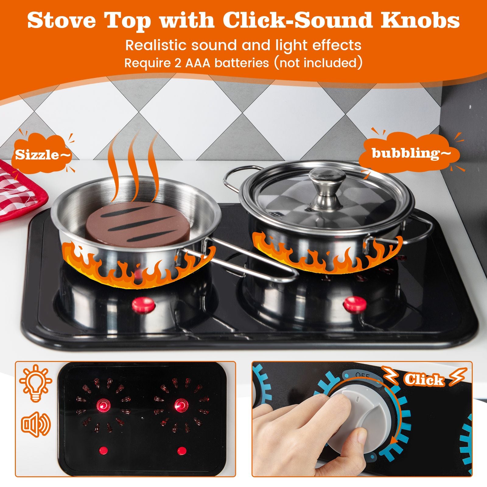 Pretend Play Kitchen with Ice Maker and Cooking Stove for Kids