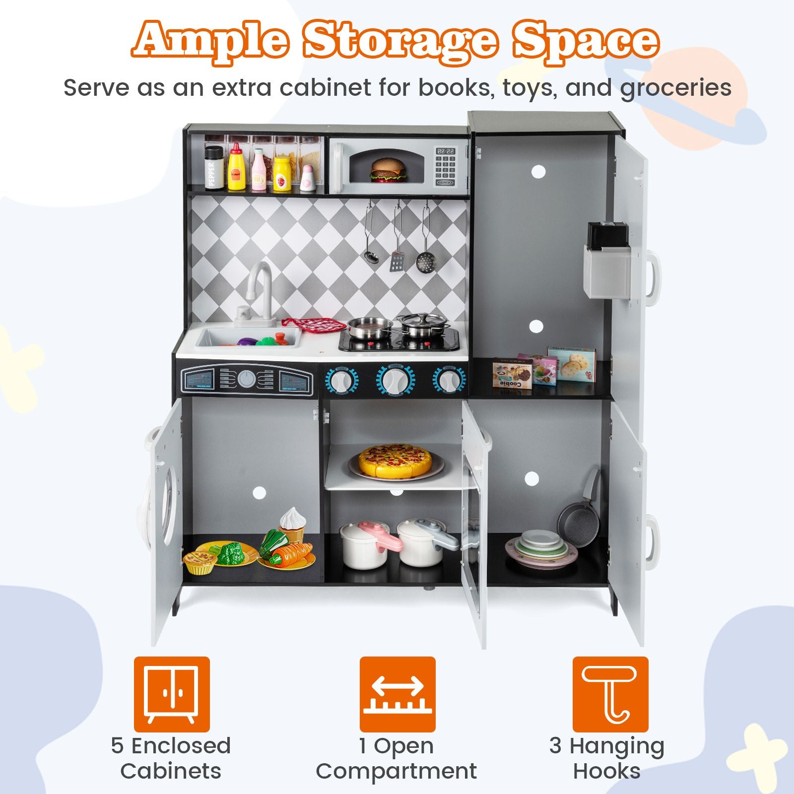 Pretend Play Kitchen with Ice Maker and Cooking Stove for Kids