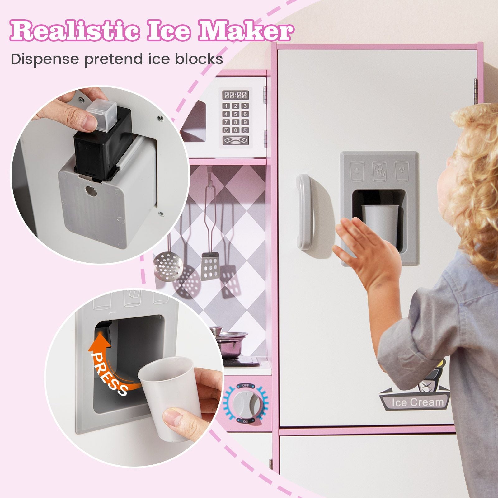 Pretend Play Kitchen with Ice Maker and Cooking Stove for Kids