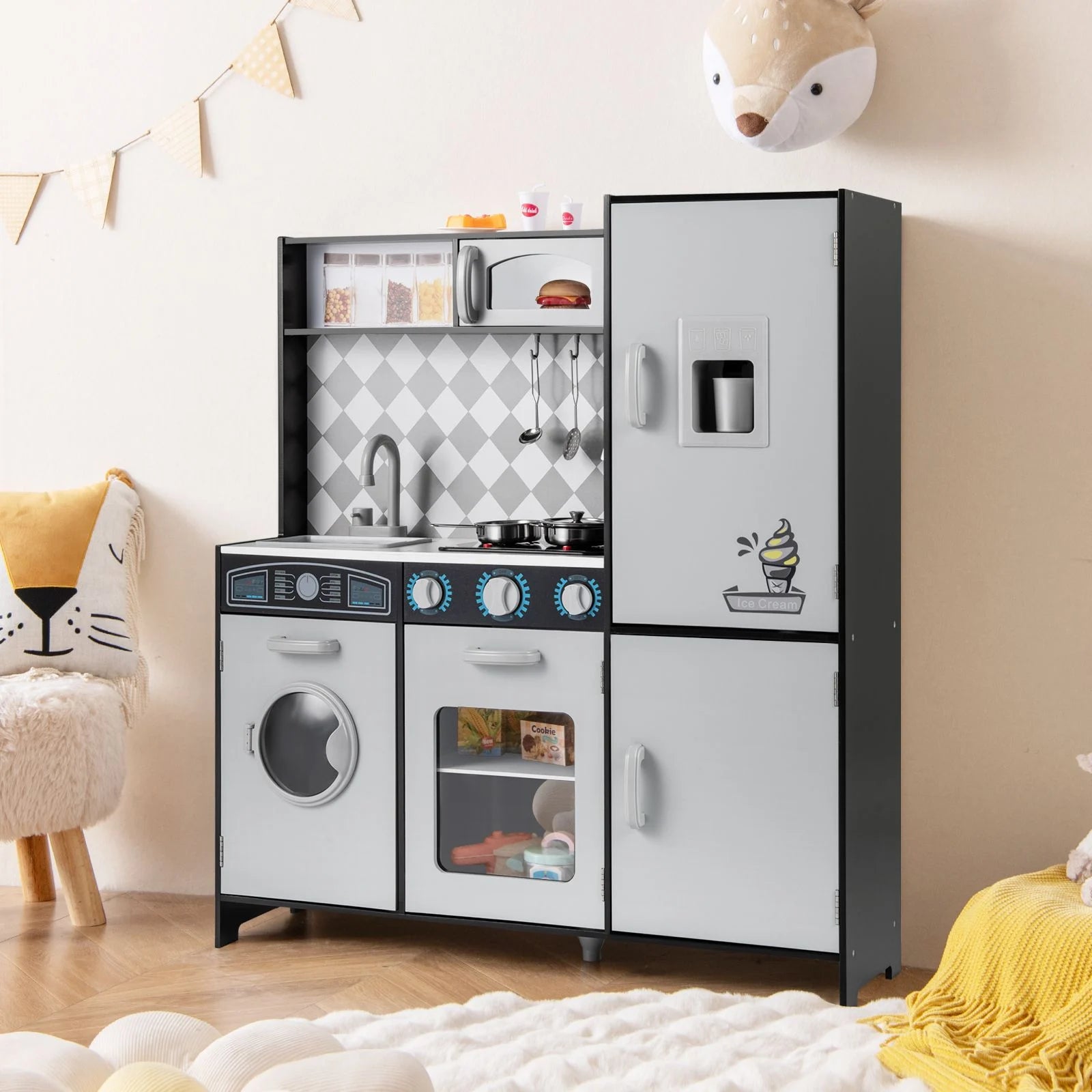 Pretend Play Kitchen with Ice Maker and Cooking Stove for Kids
