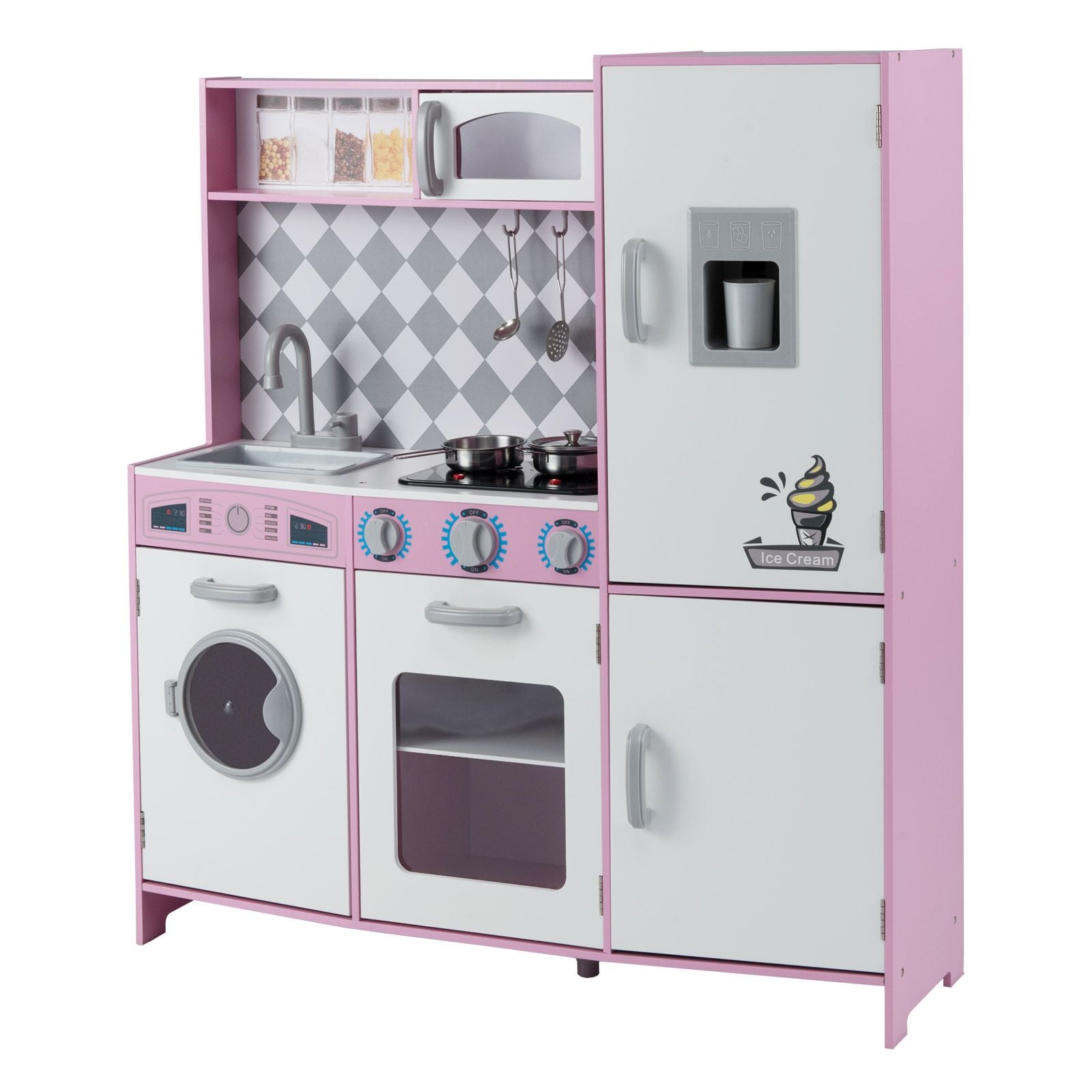 Pretend Play Kitchen with Ice Maker and Cooking Stove for Kids