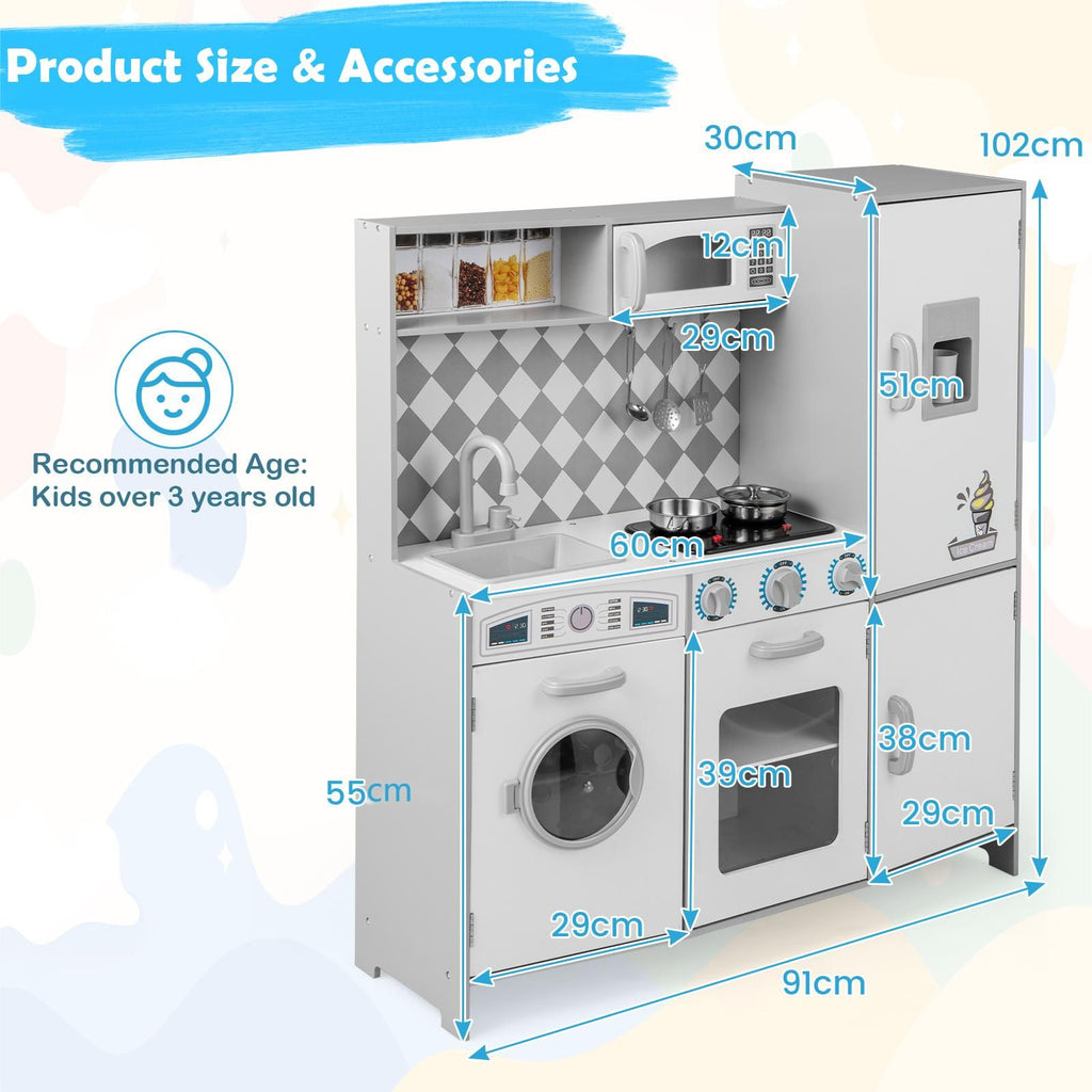 Pretend Play Kitchen with Ice Maker and Cooking Stove for Kids