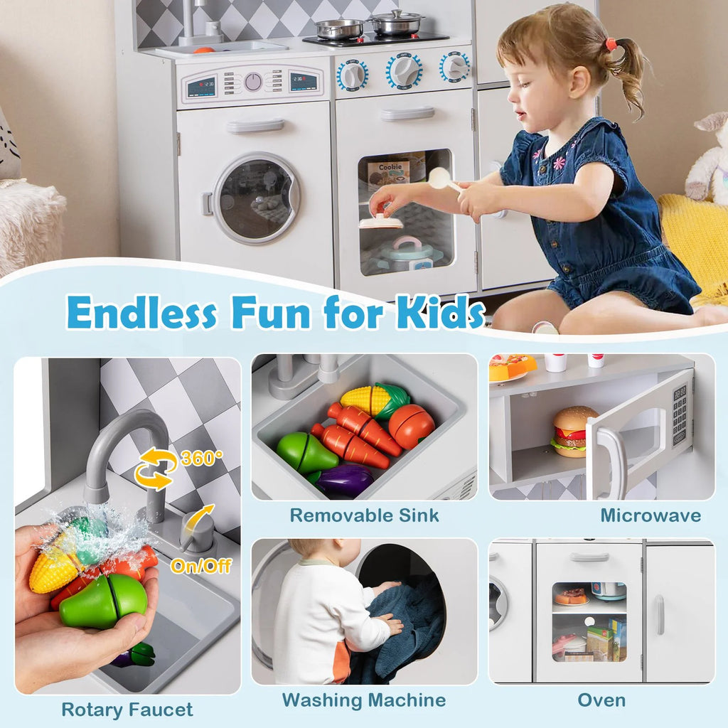 Pretend Play Kitchen with Ice Maker and Cooking Stove for Kids