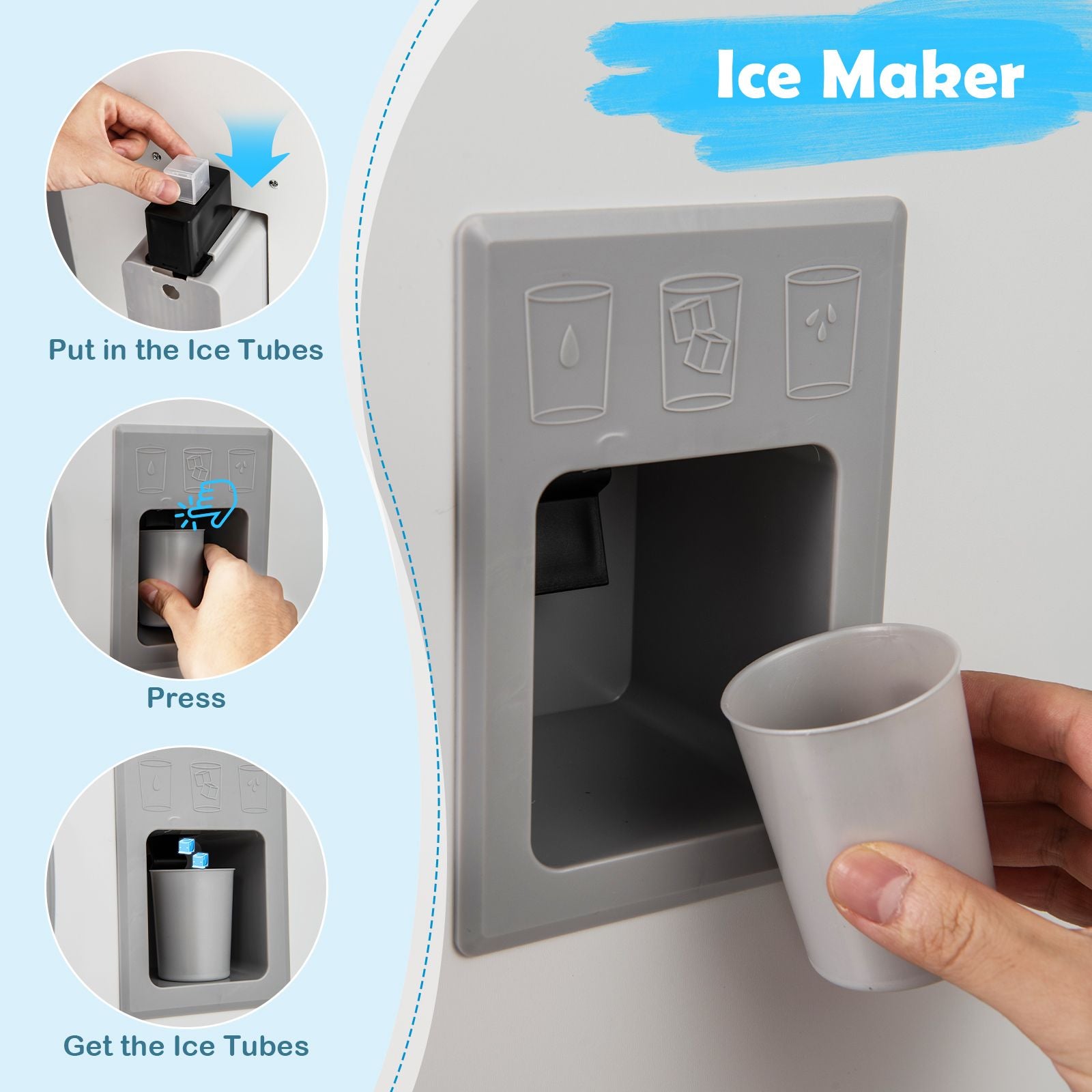 Pretend Play Kitchen with Ice Maker and Cooking Stove for Kids