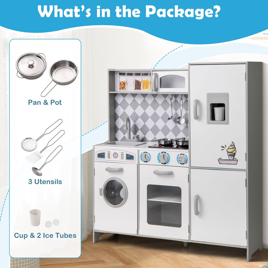 Pretend Play Kitchen with Ice Maker and Cooking Stove for Kids