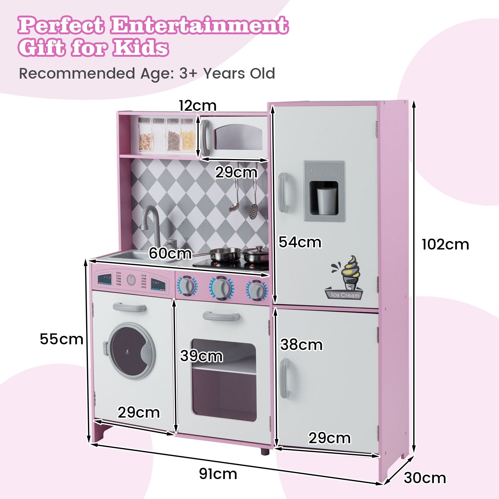 Pretend Play Kitchen with Ice Maker and Cooking Stove for Kids
