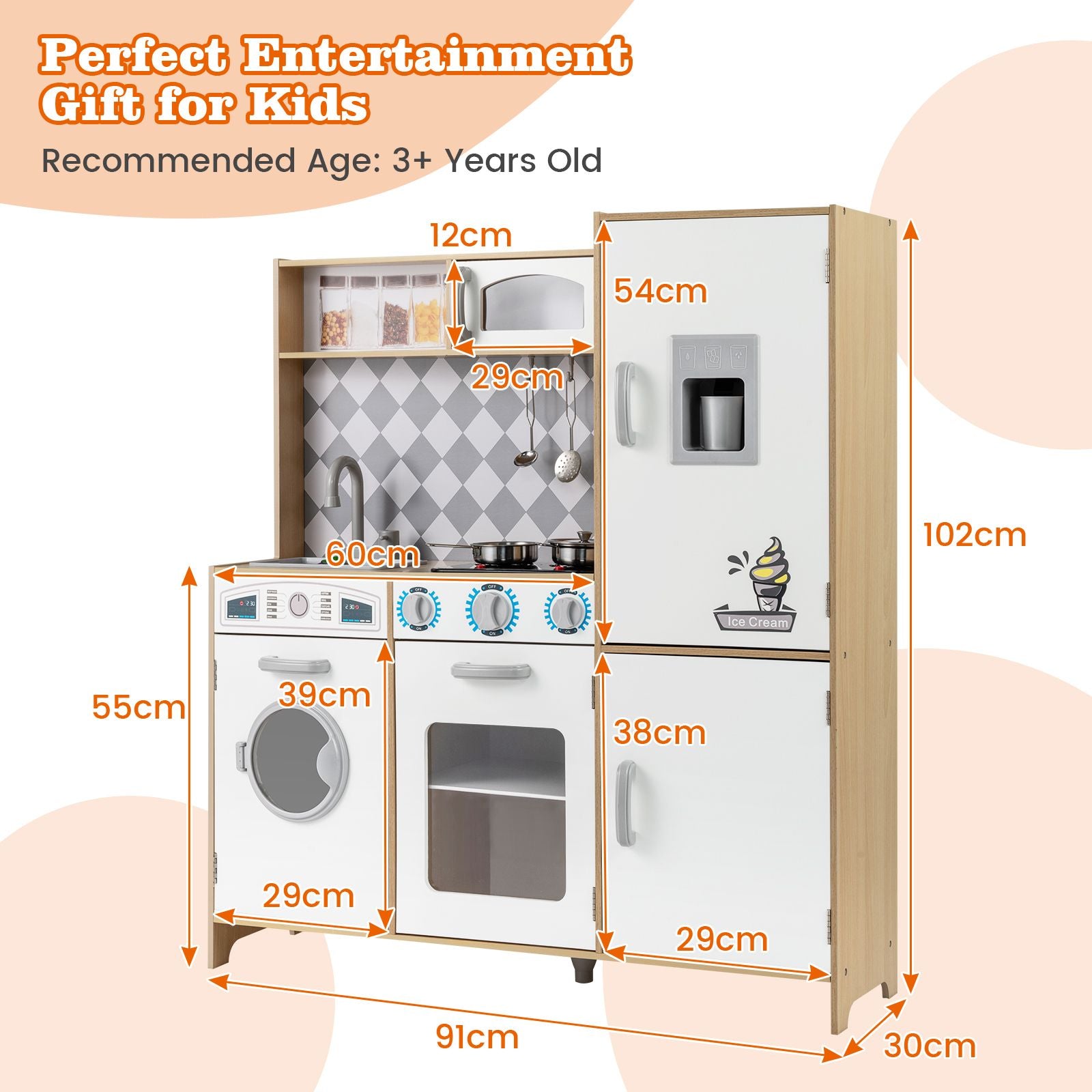 Pretend Play Kitchen with Ice Maker and Cooking Stove for Kids