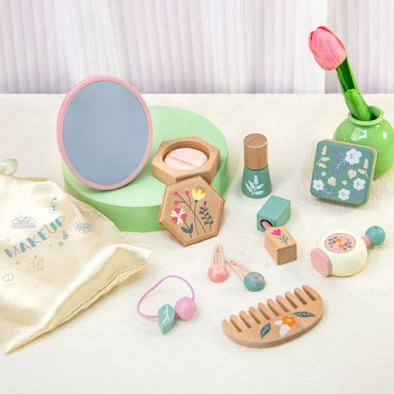 Wooden Pretend Play Makeup Toys Simulation Makeup Set Girls Makeup Dressing Table Cosmetics Toys Birthday Gifts for Children