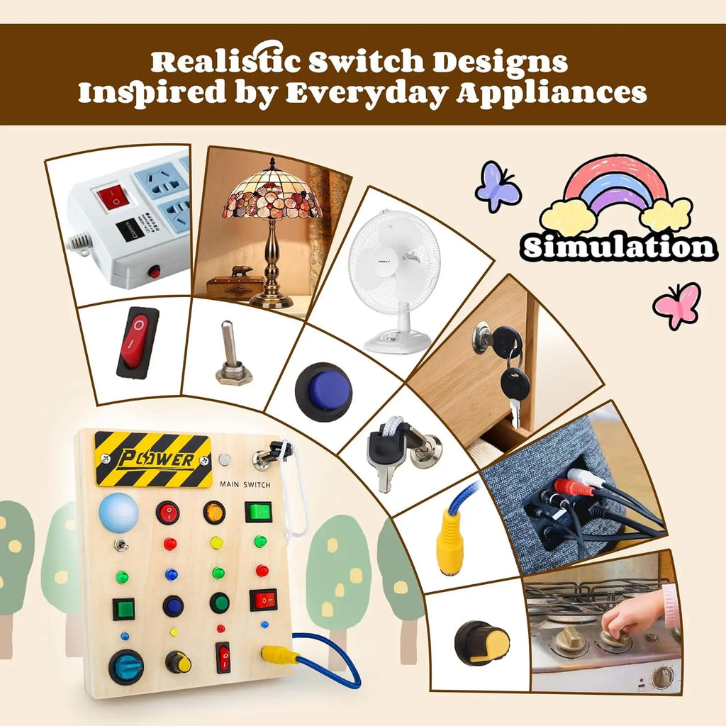 Montessori Toddler Toys Baby Wooden Busy Board Sensory Toys with Light Switch Control Board Fine Motor Activities Toys for Kids
