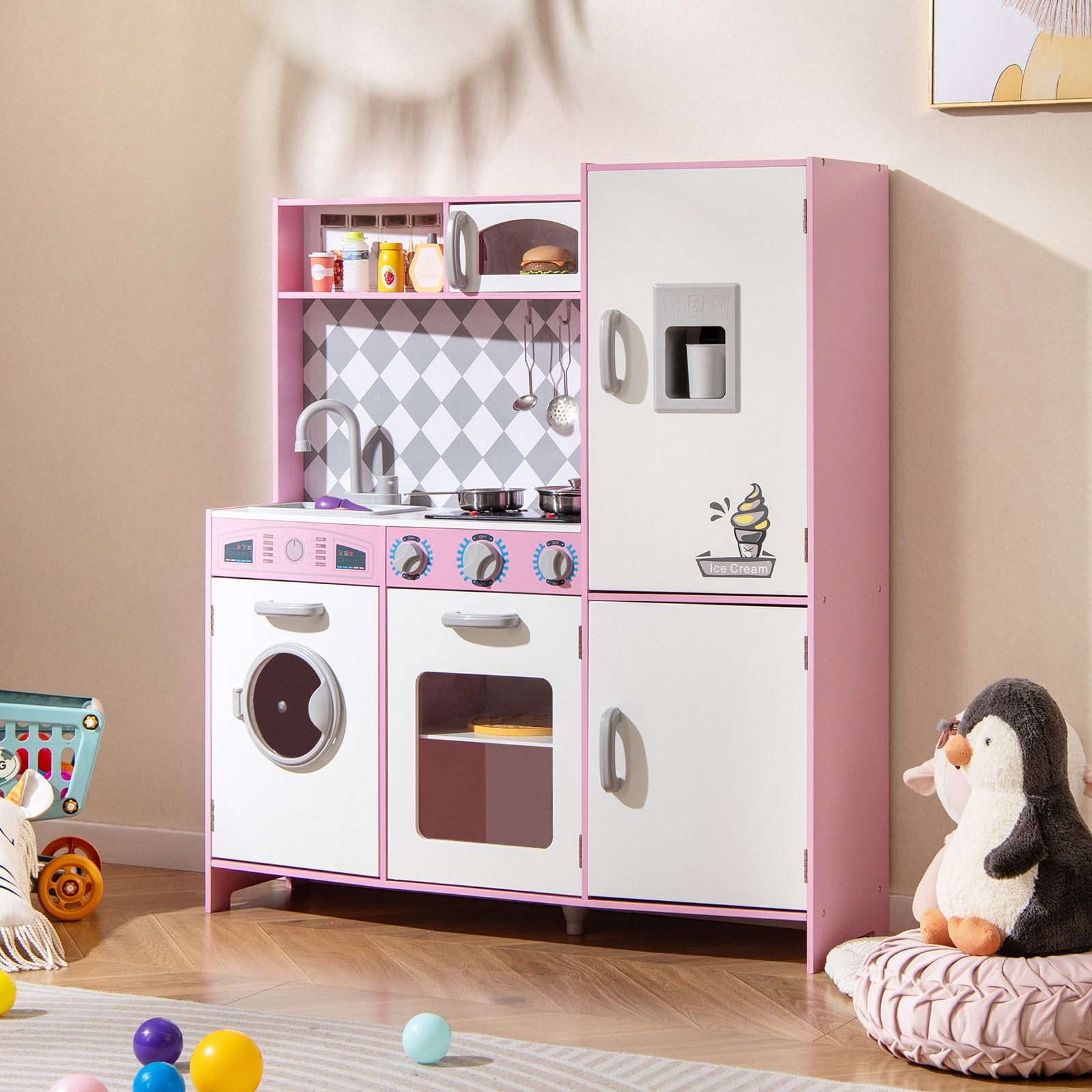 Pretend Play Kitchen with Ice Maker and Cooking Stove for Kids