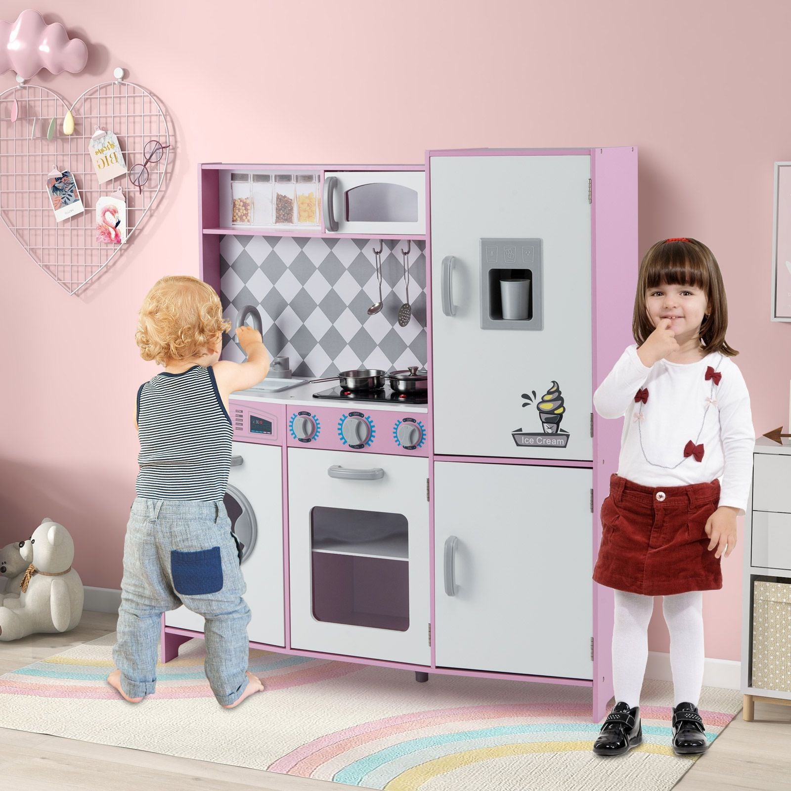 Pretend Play Kitchen with Ice Maker and Cooking Stove for Kids