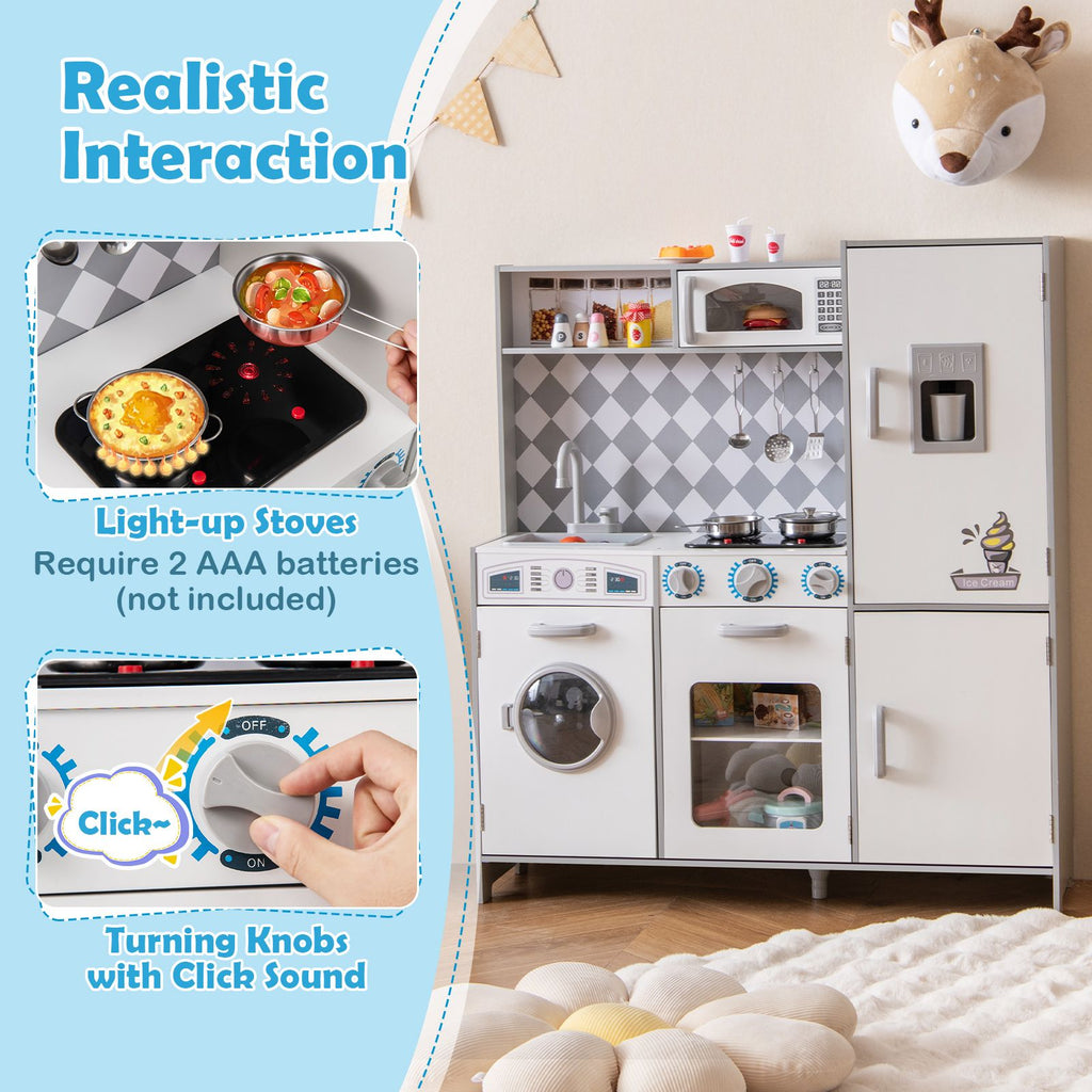 Pretend Play Kitchen with Ice Maker and Cooking Stove for Kids