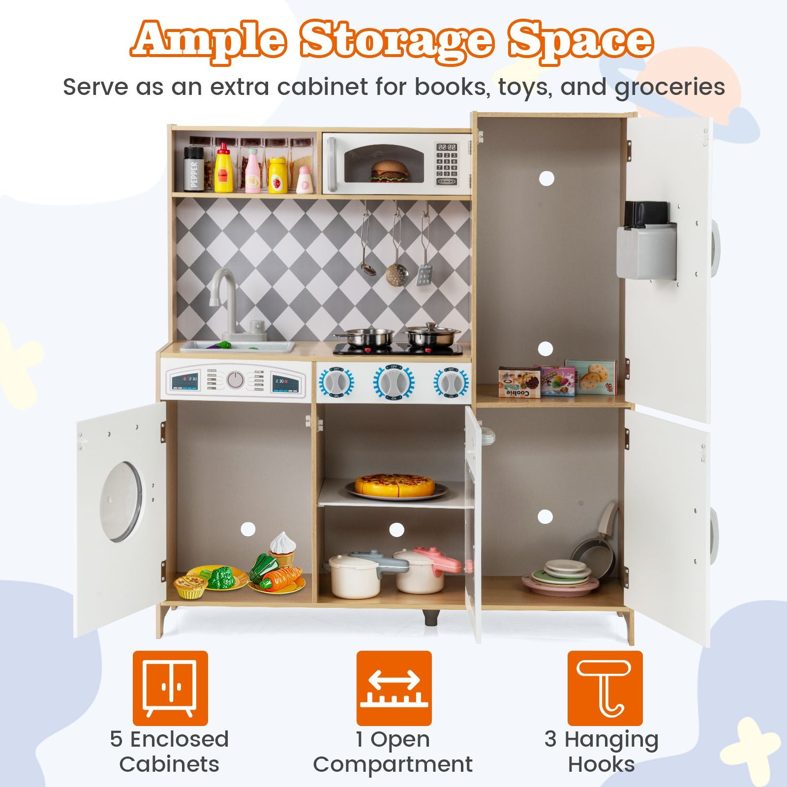 Pretend Play Kitchen with Ice Maker and Cooking Stove for Kids