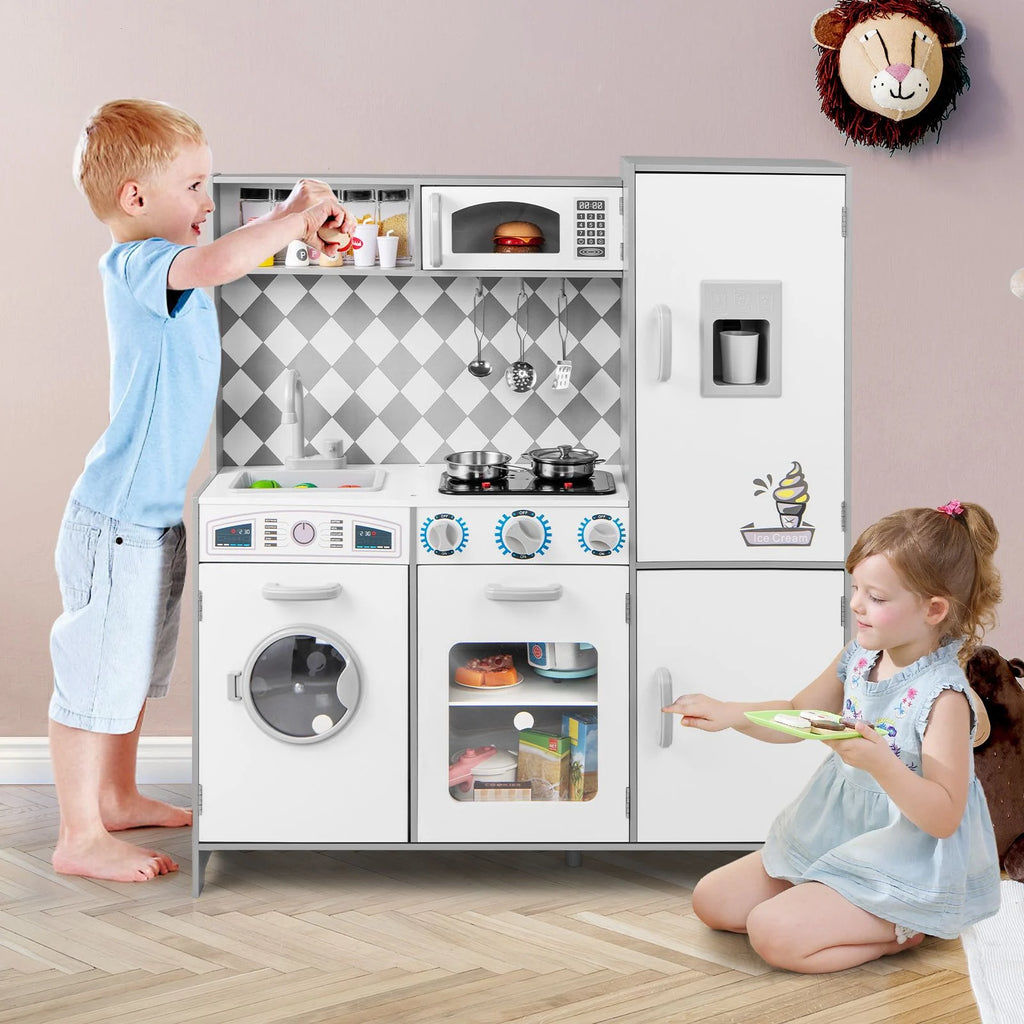 Pretend Play Kitchen with Ice Maker and Cooking Stove for Kids